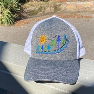 NWOT! Gray & White Trucker Cap w/Embroidered Nature Design Sun Trees River Birds